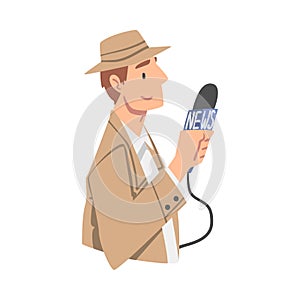 Man Journalist Character in Hat with Microphone Gathering News Conducting Interview Vector Illustration