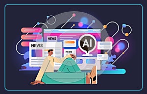 man journalist reading news on laptop screen special report news summarization artificial intelligence concept photo