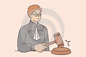 Man judge hitting with wooden gavel sign of final decision and pronouncement sentence for criminal