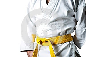 Man in a judo suit with yellow belt isolated on white background