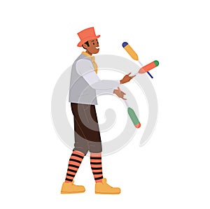 Man juggler character perfuming amusement entertainment with clubs isolated on white background photo