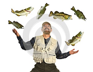 Man Juggling Fish isolated over white background