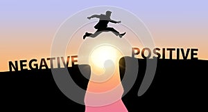 Man jump on a cliff from active to positive, concept of change mind