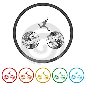 Man jump through the gap icon. Set icons in color circle buttons