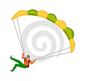 Man jump with parachute. Active lifestyle hobby, extreme professional parachuting sport, male cartoon colorful character