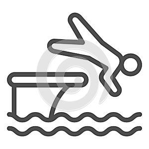 Man jump in water line icon, Aquapark concept, swimmer jumping from starting block to pool sign on white background