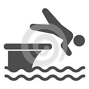 Man jump in water solid icon, Aquapark concept, swimmer jumping from starting block to pool sign on white background