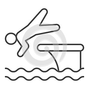 Man jump in water thin line icon, Aquapark concept, swimmer jumping from starting block to pool sign on white background