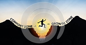 Man jumping from comfort zone to growth zone. Success and change concept