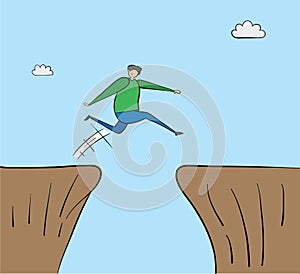 Man jumping over abyss, hand-drawn vector illustration. Black outlines and color