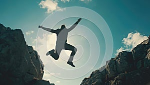 A man is jumping over a cliff with his arms outstretched by AI generated image