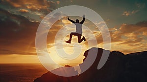 A man is jumping over a cliff with the sun in the background