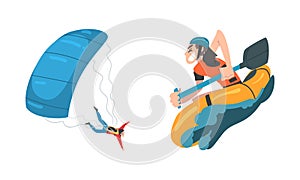 Man Jumping with Parachute and Canoeing Engaged in Extreme Sport Activity Vector Set