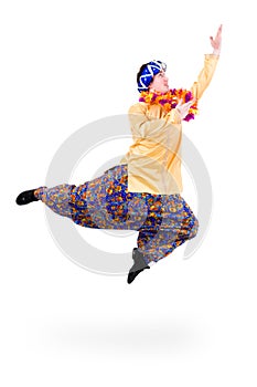 Man jumping with pointing gesture