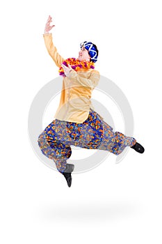 Man jumping with pointing gesture