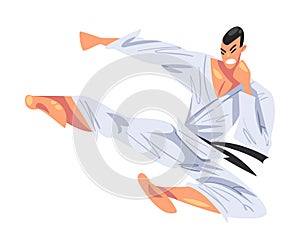 Man Jumping Side Kick, Male Karate Fighter Character in White Kimono Practicing Traditional Japan Martial Art Cartoon