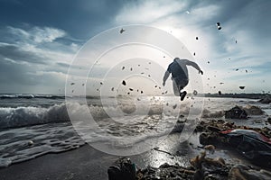 A man jumping through the water at the beach, creating splashes with his energetic strides photo
