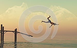 Man jumping from a wooden deci into the lake at mountains