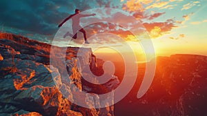 Man Jumps From Mountain Cliff During Sunset