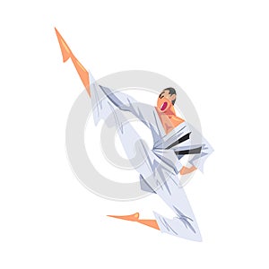 Man Karateka Doing Swing Kick, Male Karate Fighter Character in White Kimono Practicing Traditional Japan Martial Art