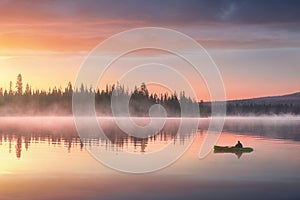 Man in a kayak on the river on the scenic sunset