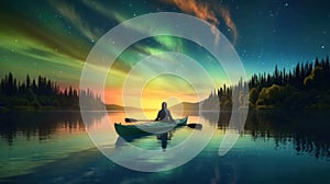 Man kayaking on a lake at night with aurora borealis. Generative AI