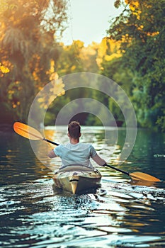 Man kayaking at sunset, paddling canoe on sea, enjoying outdoor adventure and scenic beauty