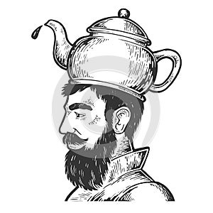 Man with kettle teapot hat engraving style vector