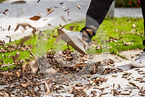 A man is kicking a pile of fallen leaves beside the flyway