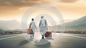 Man and Kid Characters Wearing Ihram Clothes Traveling to Perform Hajj or Umrah AI, Generated Image