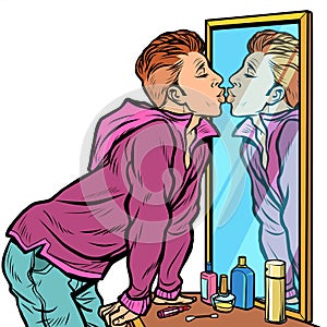 A man kisses his own reflection, narcissism ego selfishness