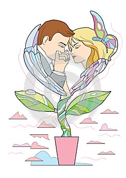Man kisses woman`s hand showing love, respect or following. Heart shape  in flower pot. Vector illustration isolated on white