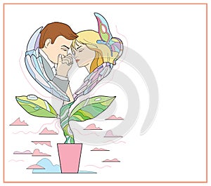 Man kisses woman`s hand showing love, respect or following. Heart shape  in flower pot. Vector illustration isolated on white