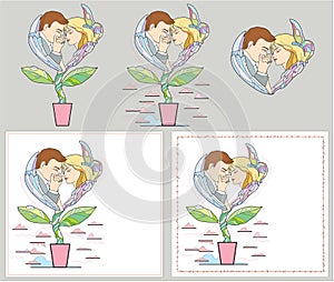 Man kisses woman`s hand showing love, respect or following. Heart shape in flower pot. Vector illustration isolated on white