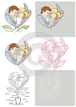 Man kisses woman`s hand showing love, respect or following. Heart shape in flower pot. Vector illustration isolated on white