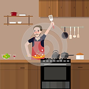 Man in kitchen cooking stir fry preparing food vegetable healthy meal alone