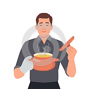 Man in kitchen gloves opening pot smelling food. Holding and smelling hot stove