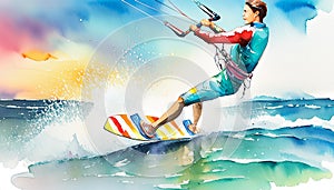 A man is kite surfing, skillfully riding the waves. The vibrant colors depict motion and energy in this dynamic scene