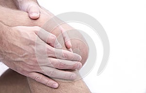 Man with knee pain and feeling bad in medical office. Osteoarthritis , osteophyte, subchondral sclerosis. massage for photo