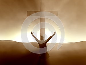 Man kneeling at the Cross of Jesus Christ photo