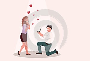 Man kneeling holding engagement ring proposing to surprised woman marry him happy valentines day concept couple in love