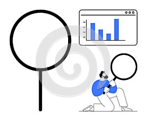 Man examining data visualization with magnifying glass, representing research and analysis