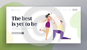 Man Kneeling Offering Engagement Ring to his Girlfriend Landing Page. Young Guy on Knees Proposing Girl to Marry