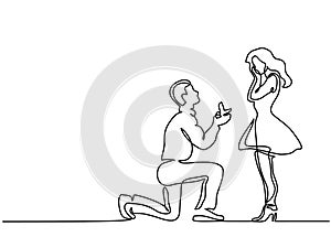 Man kneeling offering engagement ring to woman