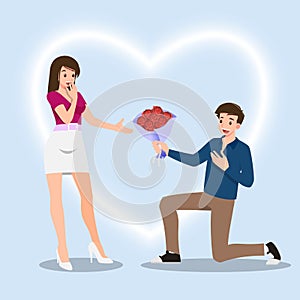 A man kneeling to give roses flowers to women. The designed in romantic concept of people giving love to each other for the festiv