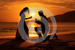 Man kneels on a beautiful beach at sunset, offering a heartfelt proposal to the woman he loves. Ai generated