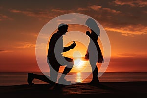 Man kneels on a beautiful beach at sunset, offering a heartfelt proposal to the woman he loves. Ai generated