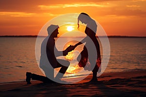 Man kneels on a beautiful beach at sunset, offering a heartfelt proposal to the woman he loves. Ai generated