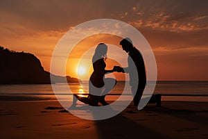 Man kneels on a beautiful beach at sunset, offering a heartfelt proposal to the woman he loves. Ai generated