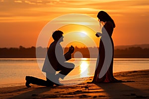 Man kneels on a beautiful beach at sunset, offering a heartfelt proposal to the woman he loves. Ai generated